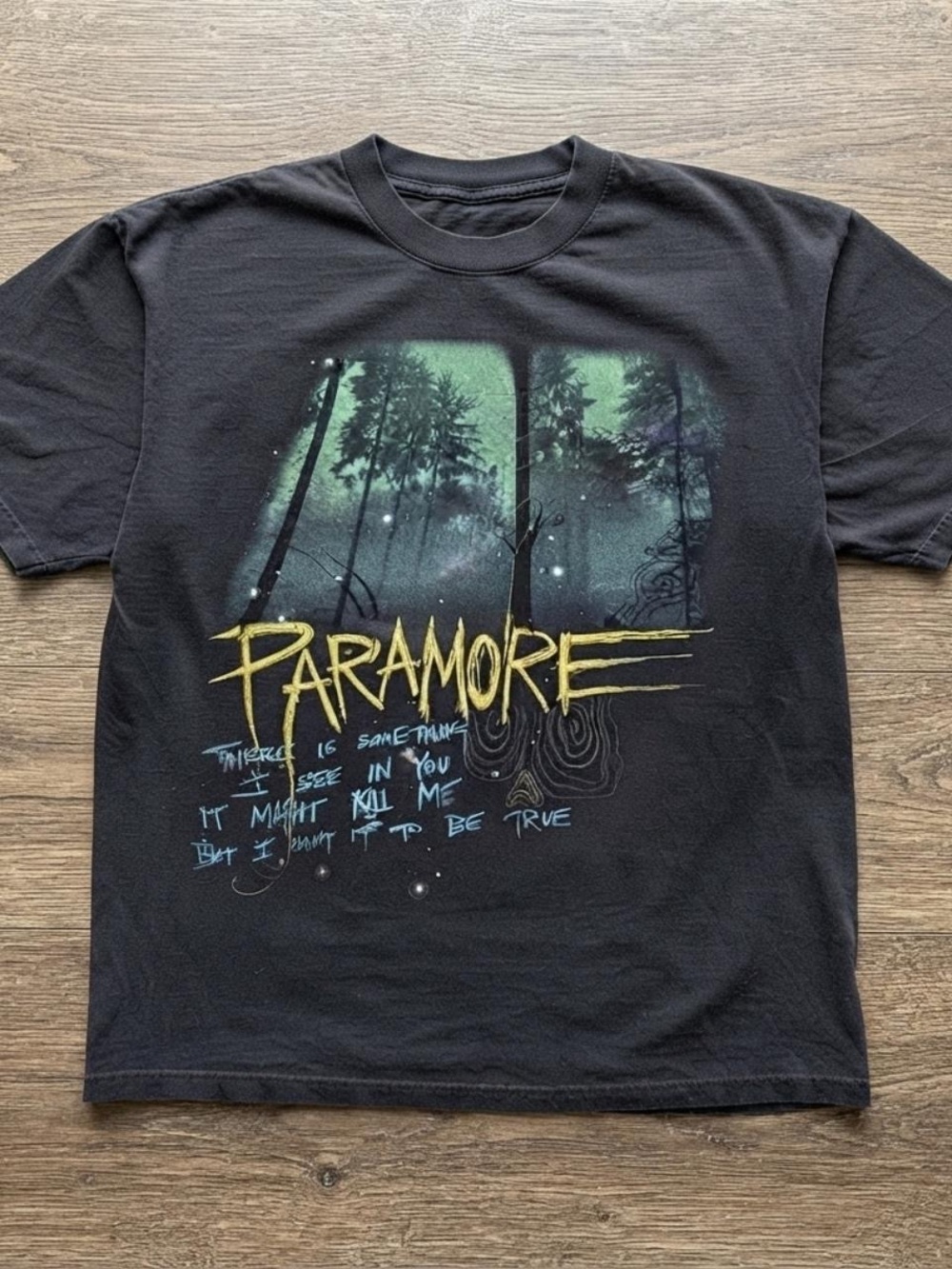 Gildan Black Paramore Graphic Tee with Green Forest Print and Yellow Logo